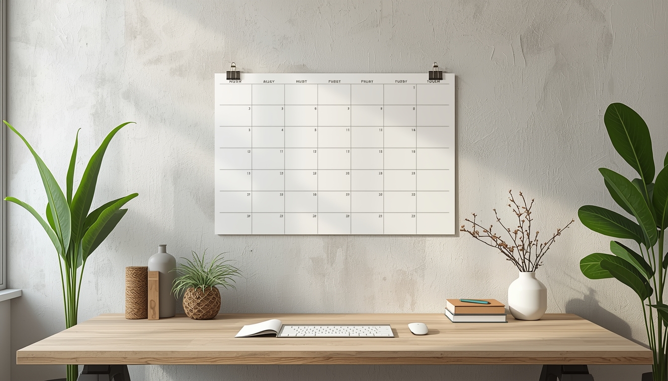 Balanced workspace with natural elements and organized schedule