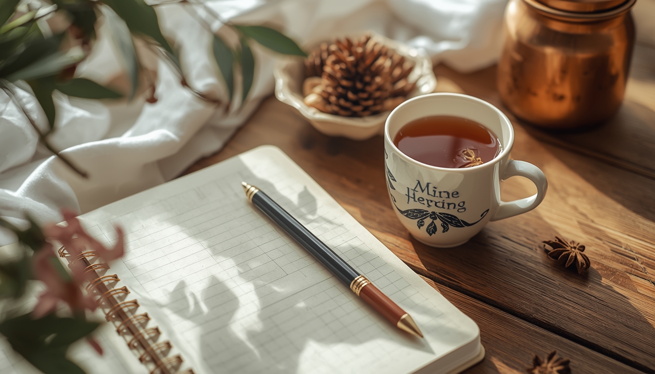 Peaceful morning scene with journal and herbal tea